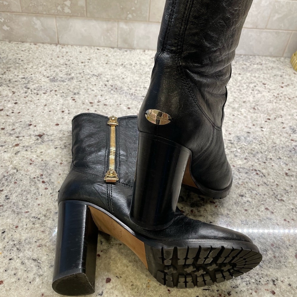 Jimmy Choo 4” heel biker mid calf boots size 38 (8) black gold zipper